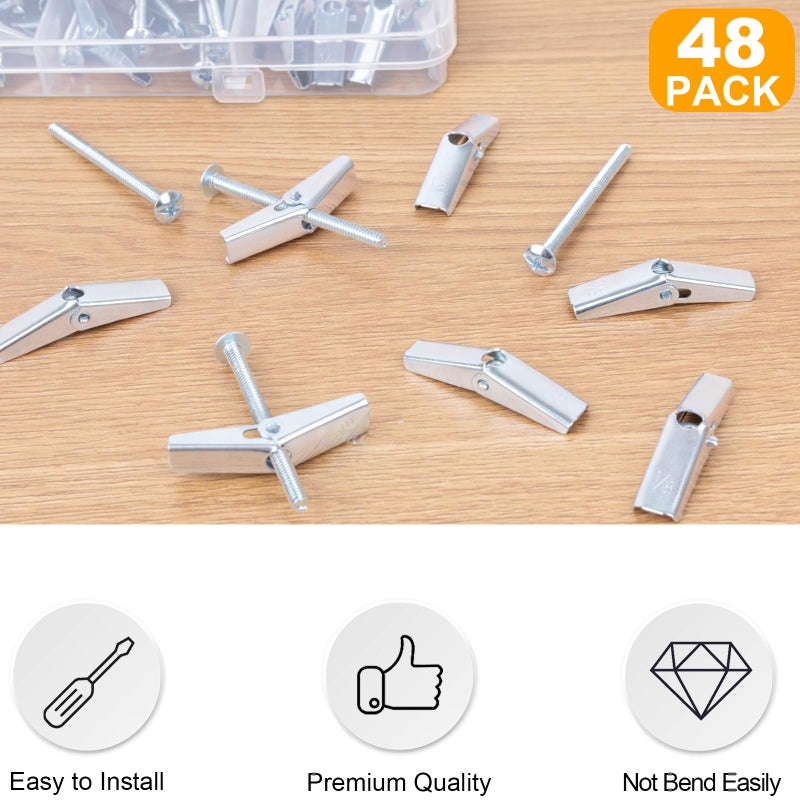 KURUI 1/8 Toggle Bolts for Drywall, 48 Pcs Heavy Duty Metal Drywall Anchors Kit, Dry Wall Anchors and Screws Kit, Butterfly Anchors for Ceiling, Sheetrock, Hollow Wall - Image 2